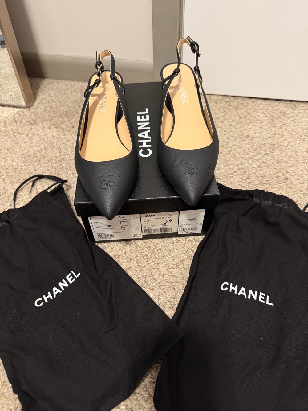 CHANEL Black Leather Pointed-Toe Slingback heel wedge BNIB